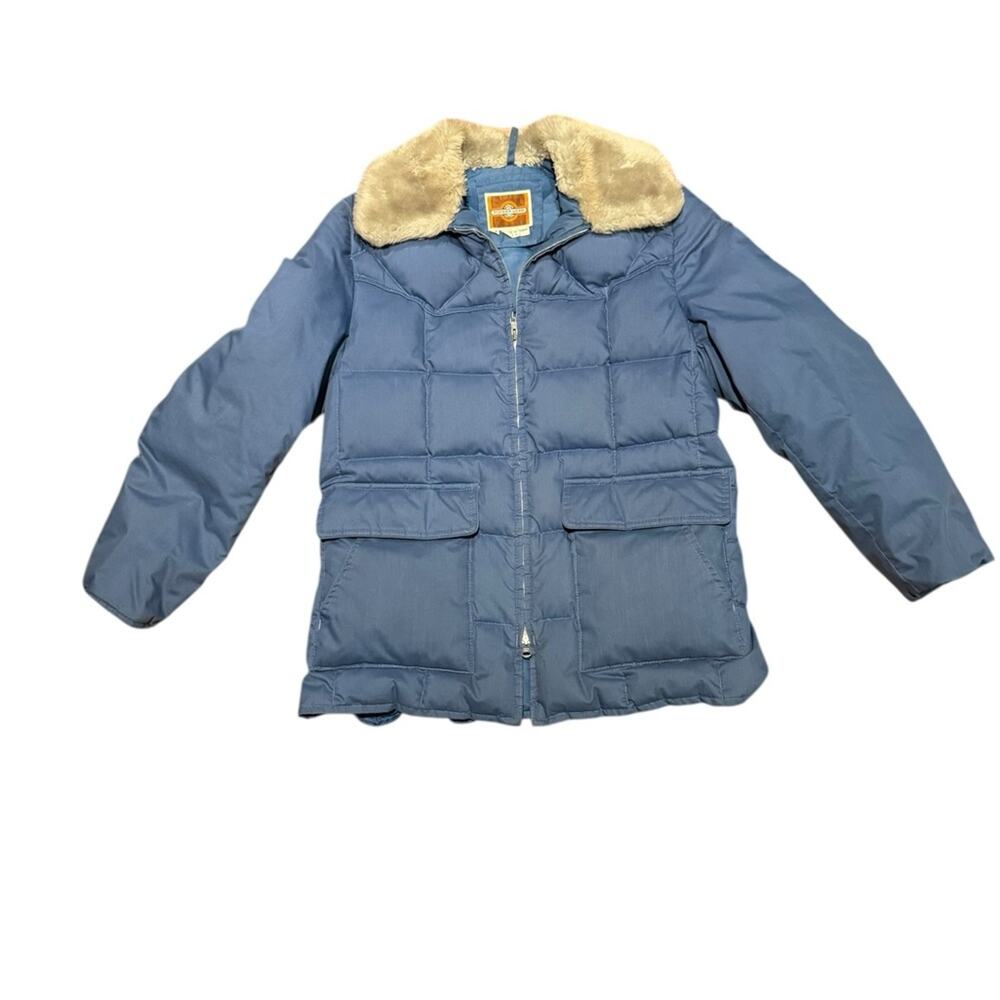 Vintage Pioneer Wear Down Filled Blue Jacket/Coat Faux Fur Collar Womens Med